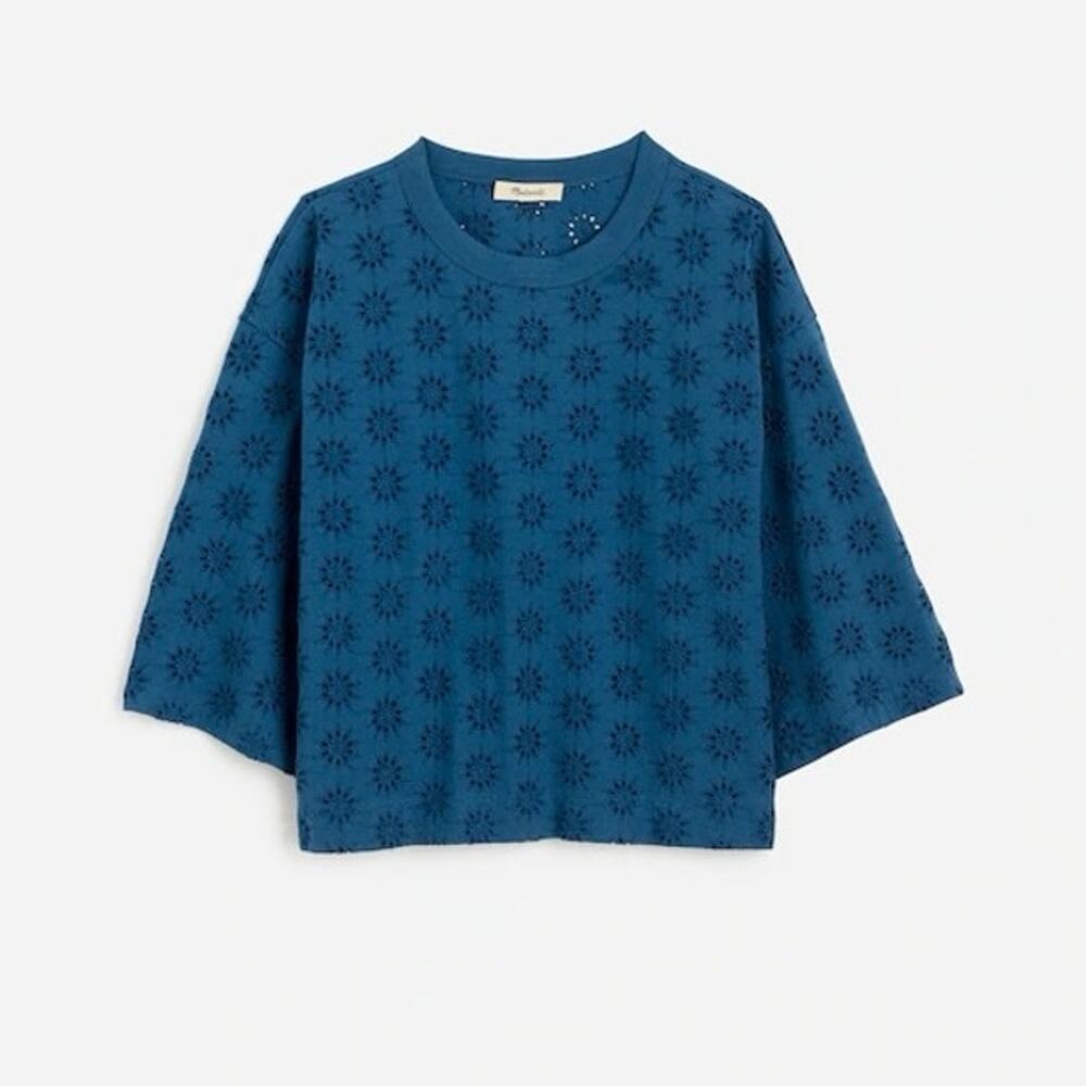 NWT Madewell Embroidered Wide-Sleeve Boxy Tee Sunfaded Blue Size XS